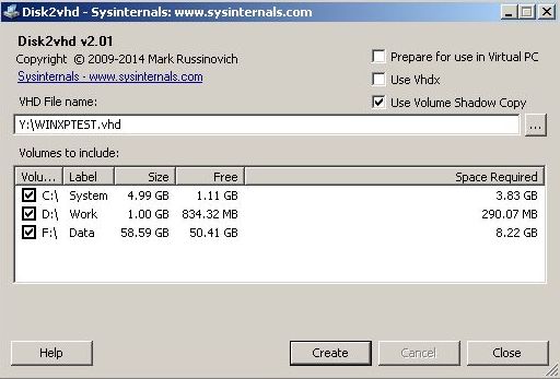 Программа создания файлов виртуальных машин Disk2vhd 2.01. Скачать бесплатно.